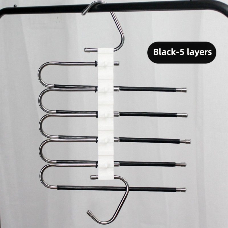 5-Layers Black Stainless Steel Pants Rack with Horizontal / Vertical Modes and Expandable Pull-Out Rods - High-Load Folding Magic Hanger - Image 1