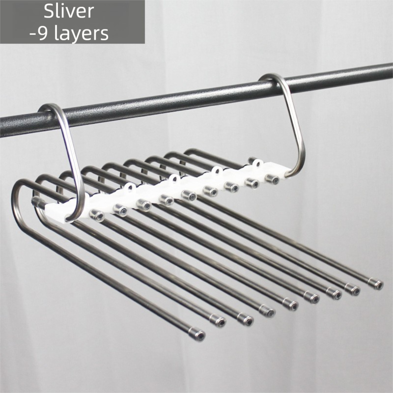 9-Layers Sliver Stainless Steel Pants Rack with Horizontal / Vertical Modes and Expandable Pull-Out Rods - High-Load Folding Magic Hanger - Image 1