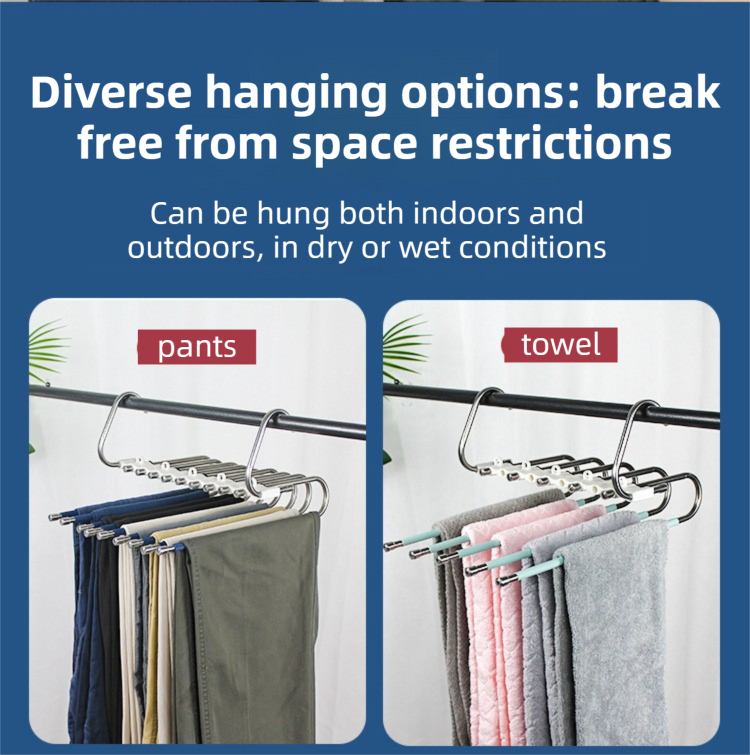 9-Layers Sliver Stainless Steel Pants Rack with Horizontal / Vertical Modes and Expandable Pull-Out Rods - High-Load Folding Magic Hanger - Image 4
