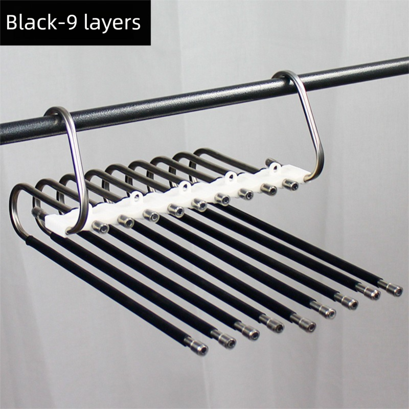 9-Layers Black Stainless Steel Pants Rack with Horizontal / Vertical Modes and Expandable Pull-Out Rods - High-Load Folding Magic Hanger - Image 1