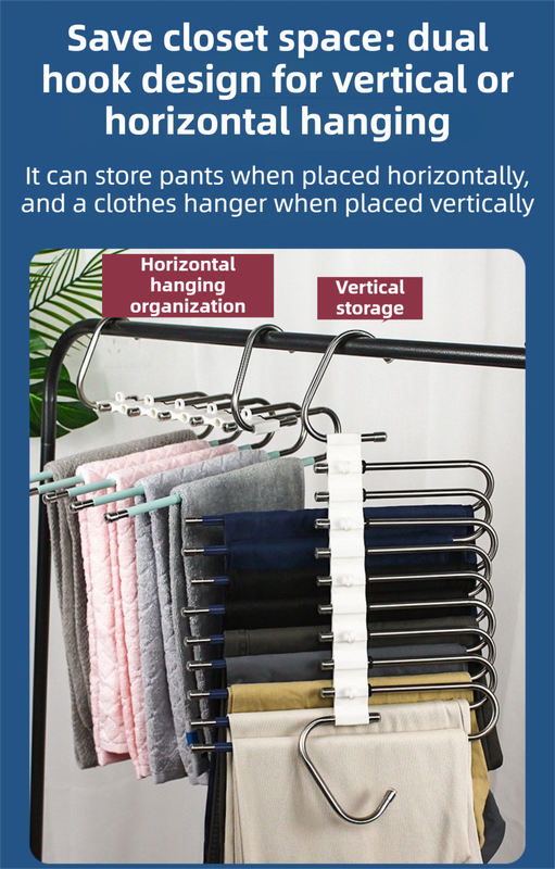 9-Layers Black Stainless Steel Pants Rack with Horizontal / Vertical Modes and Expandable Pull-Out Rods - High-Load Folding Magic Hanger - Image 5