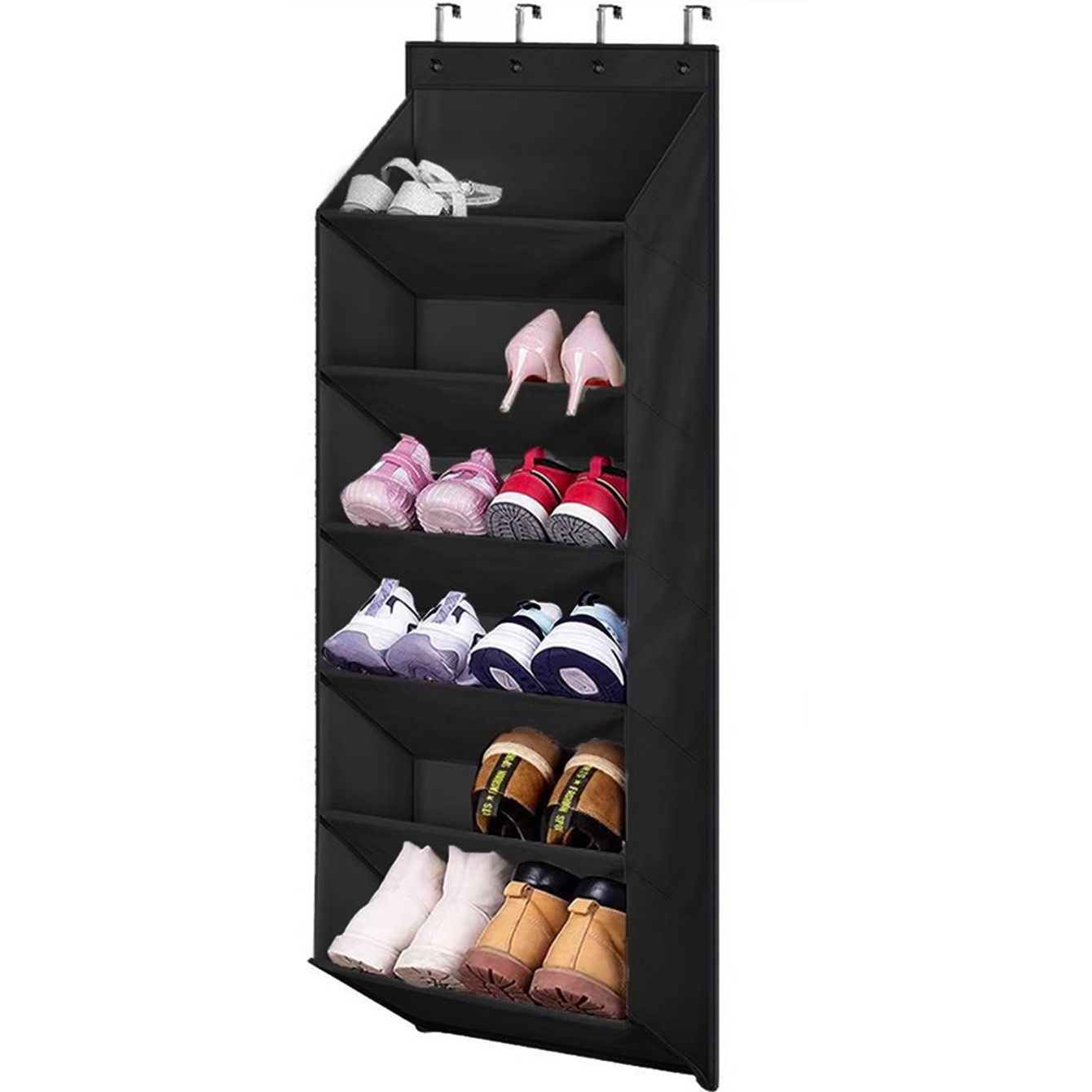 6-Tier Black Collapsible Over-the-Door Hanging Storage Bag - Space-Saving Shoes & Sundries Wall Holder with Hooks - Image 1
