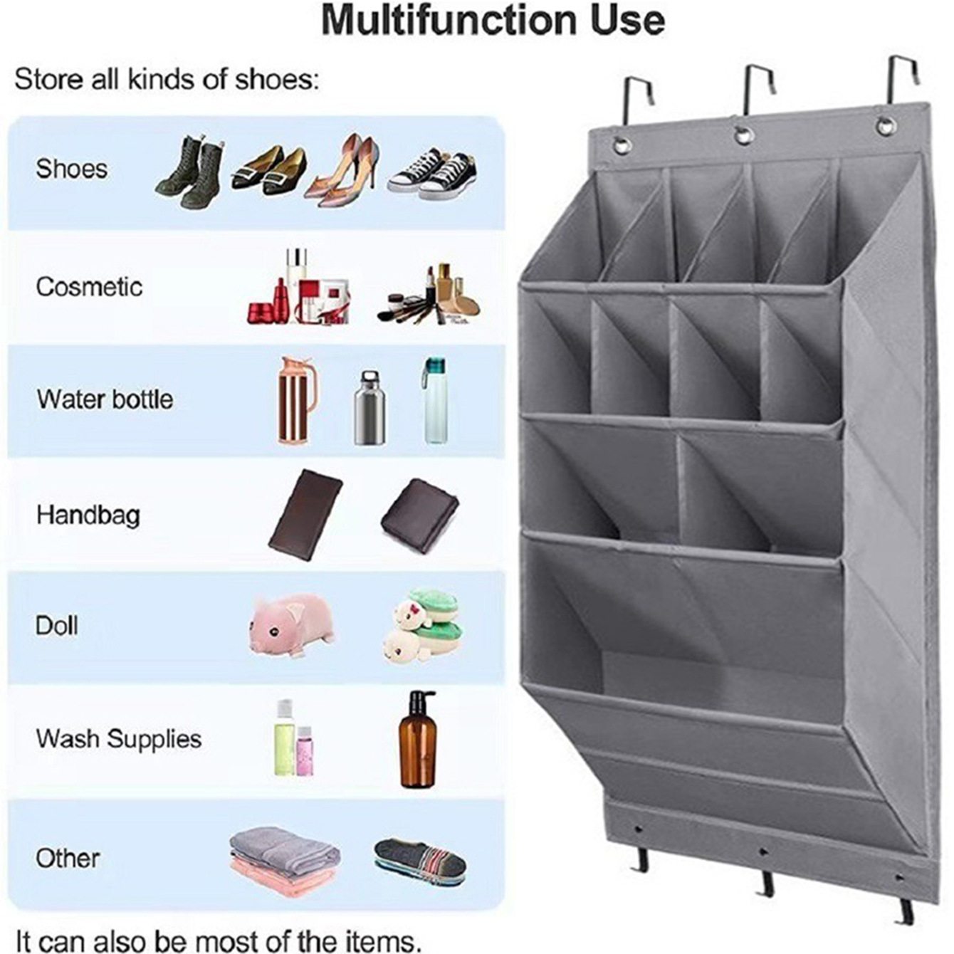 8-Tier Grey Collapsible Over-the-Door Hanging Storage Bag - Space-Saving Shoes & Sundries Wall Holder with Hooks - Image 3