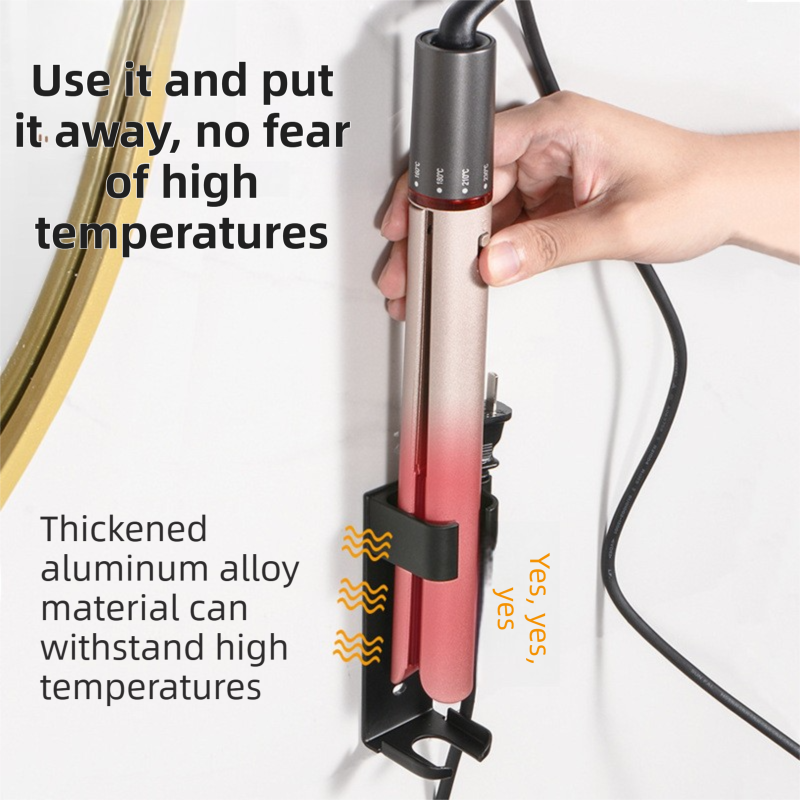 Large Black Wall-Mounted Aluminum Curling Iron Holder with Tidy Cord - Heat-Resistant Hair Straightener Storage Rack for Diameter ≥ 36mm - Image 2