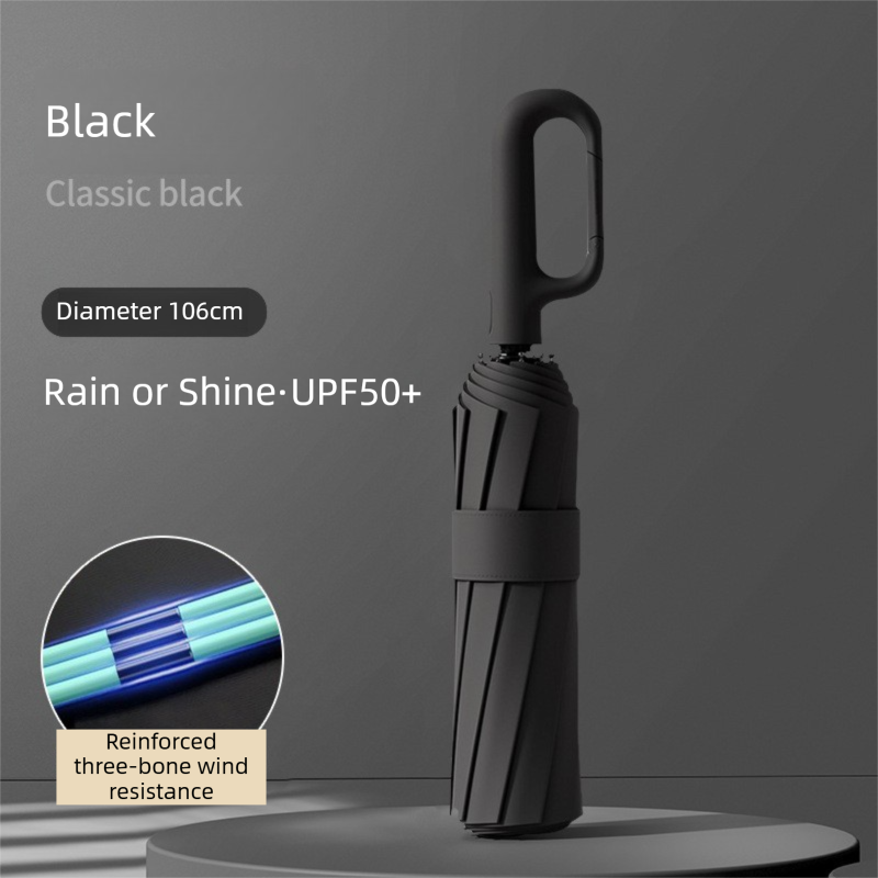Black Heavy Duty Fully Automatic Carabiner Umbrella with Integrated Hook Handle (Diameter 106CM) - Ultra Windproof and UV Protective Sun & Rain Umbrella - Image 1