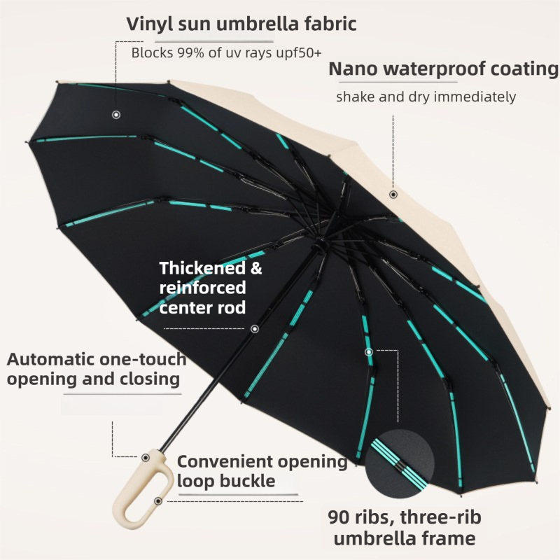 Black Heavy Duty Fully Automatic Carabiner Umbrella with Integrated Hook Handle (Diameter 106CM) - Ultra Windproof and UV Protective Sun & Rain Umbrella - Image 3