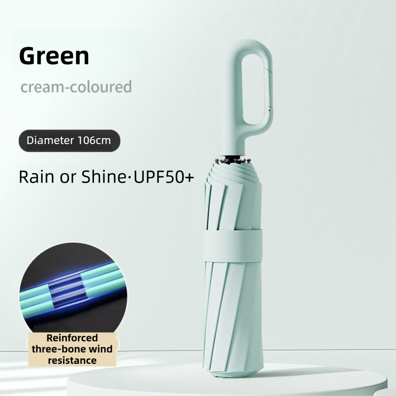 Green Heavy Duty Fully Automatic Carabiner Umbrella with Integrated Hook Handle (Diameter 106CM) - Ultra Windproof and UV Protective Sun & Rain Umbrella - Image 1