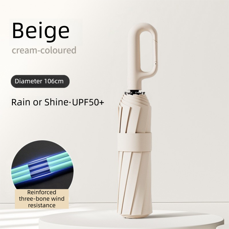 Beige Heavy Duty Fully Automatic Carabiner Umbrella with Integrated Hook Handle (Diameter 106CM) - Ultra Windproof and UV Protective Sun & Rain Umbrella - Image 1