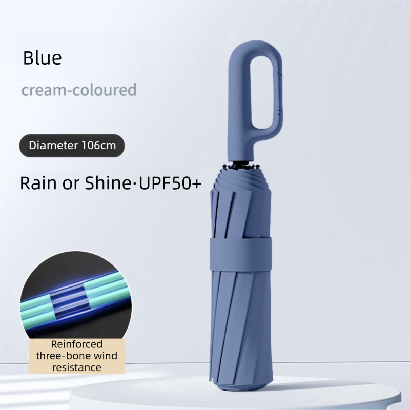 Blue Heavy Duty Fully Automatic Carabiner Umbrella with Integrated Hook Handle (Diameter 106CM) - Ultra Windproof and UV Protective Sun & Rain Umbrella - Image 1