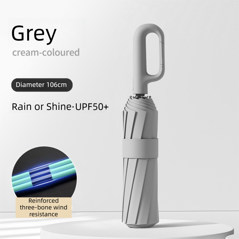 Grey Heavy Duty Fully Automatic Carabiner Umbrella with Integrated Hook Handle (Diameter 106CM) - Ultra Windproof and UV Protective Sun & Rain Umbrella - Image 1