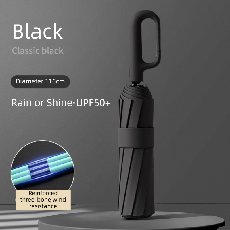 Black Heavy Duty Fully Automatic Carabiner Umbrella with Integrated Hook Handle (Diameter 116CM) - Ultra Windproof and UV Protective Sun & Rain Umbrella - Image 1