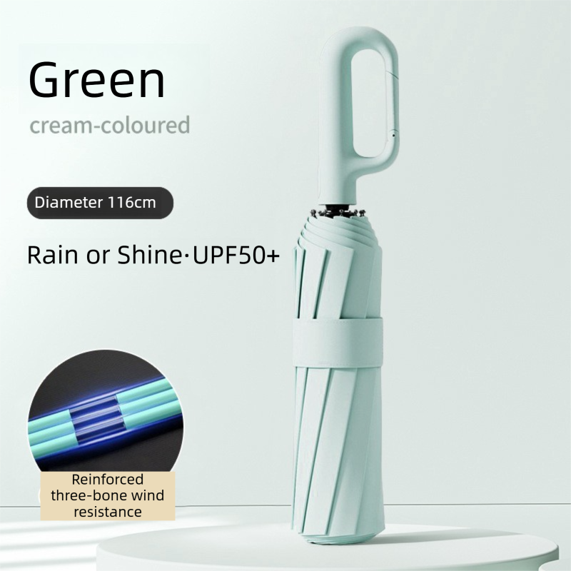 Green Heavy Duty Fully Automatic Carabiner Umbrella with Integrated Hook Handle (Diameter 116CM) - Ultra Windproof and UV Protective Sun & Rain Umbrella - Image 1