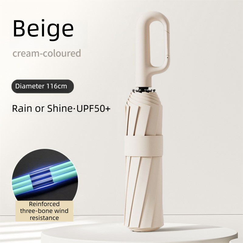 Beige Heavy Duty Fully Automatic Carabiner Umbrella with Integrated Hook Handle (Diameter 116CM) - Ultra Windproof and UV Protective Sun & Rain Umbrella - Image 1