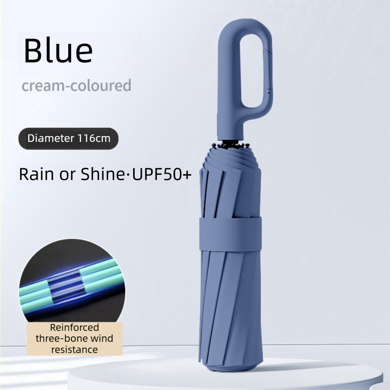 Blue Heavy Duty Fully Automatic Carabiner Umbrella with Integrated Hook Handle (Diameter 116CM) - Ultra Windproof and UV Protective Sun & Rain Umbrella - Image 1