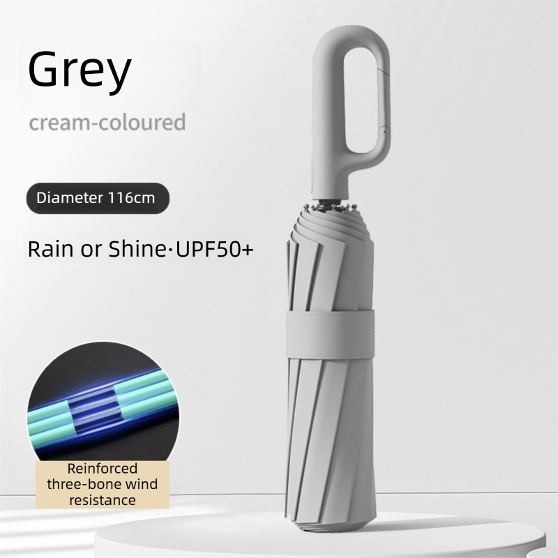 Grey Heavy Duty Fully Automatic Carabiner Umbrella with Integrated Hook Handle (Diameter 116CM) - Ultra Windproof and UV Protective Sun & Rain Umbrella - Image 1