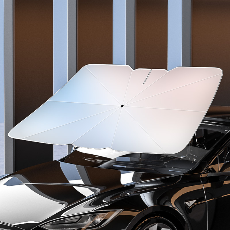 125x69CM Foldable Car Windshield Sun Shade Umbrella with Retractable Handle & Storage Case - Titanium Silver Heat Insulator, V-Neck Mirror Compatibility, Butterfly Edge Extension - Image 1