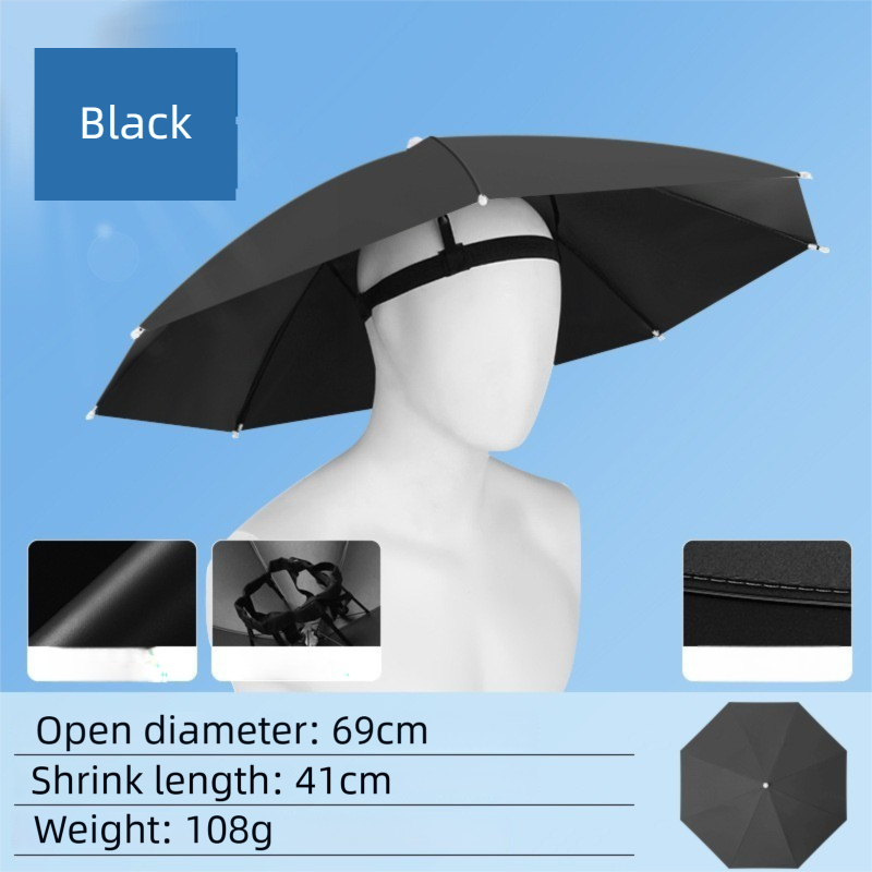 Black Foldable Sun & Rain Umbrella Hat (Diameter 69CM) - 99% UV Potective and Wind/Rainproof Fishing Umbrella with Elastic Headband - Image 1