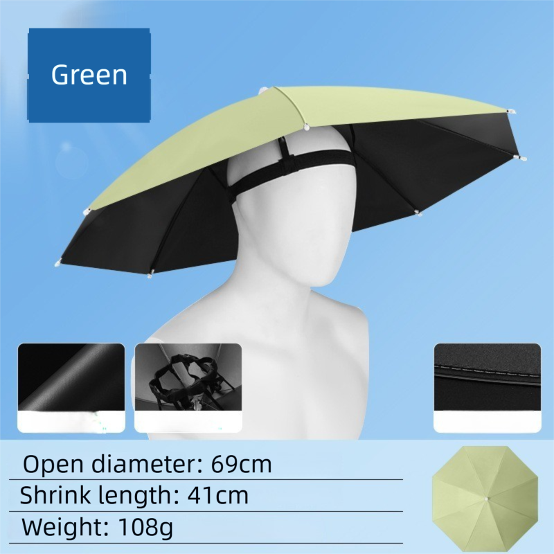 Green Foldable Sun & Rain Umbrella Hat (Diameter 69CM) - 99% UV Potective and Wind/Rainproof Fishing Umbrella with Elastic Headband - Image 1