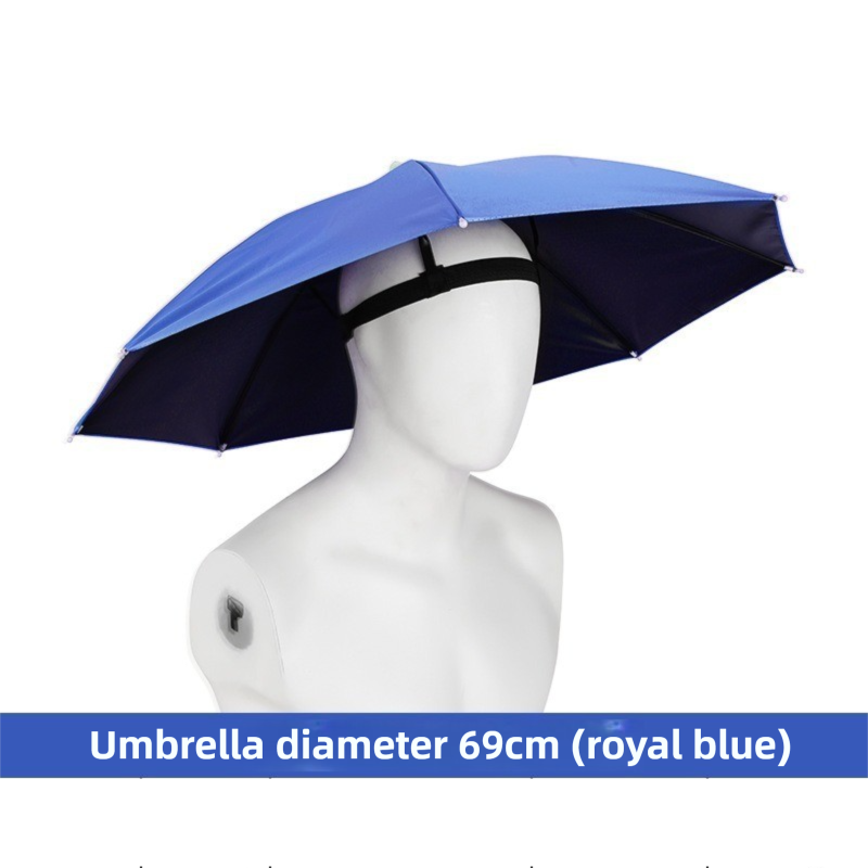 Royal Blue Foldable Sun & Rain Umbrella Hat (Diameter 69CM) - 99% UV Potective and Wind/Rainproof Fishing Umbrella with Elastic Headband - Image 1