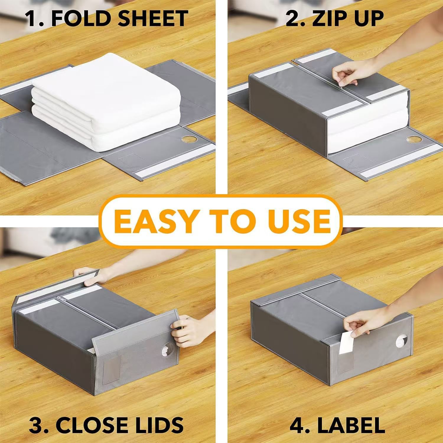 2-Pack Beige Foldable Bed Sheet Set Organizer with Clear Window, Zipper & Flip Lid - Home Wardrobe Bin for Blankets and Clothes (38x32.5x12.5CM) - Image 4