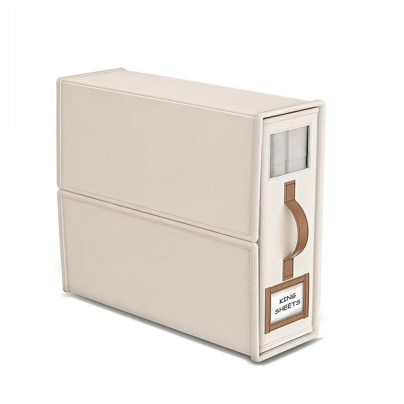 2-Pack Beige Foldable Bedding Storage Box with Zipper & PU Leather Handle - Wardrobe Drawer Closet Organizer for Duvet Covers & Clothing (38x32x12CM) - Image 1