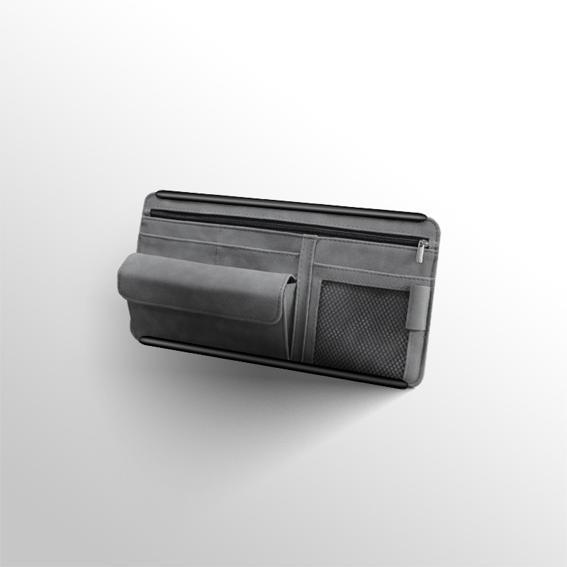 Grey Faux Suede Car Sun Visor Organizer with Spring Strap - Multi-Functional Eyewear Case & Card Holder - Image 1