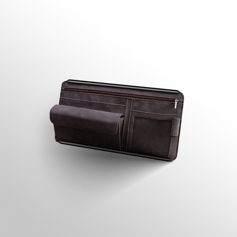 Brown Faux Suede Car Sun Visor Organizer with Spring Strap - Multi-Functional Eyewear Case & Card Holder - Image 1