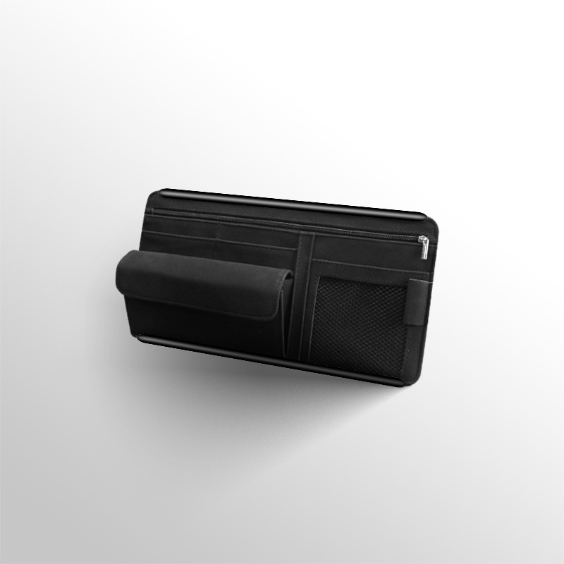 Black Faux Suede Car Sun Visor Organizer with Spring Strap - Multi-Functional Eyewear Case & Card Holder - Image 1