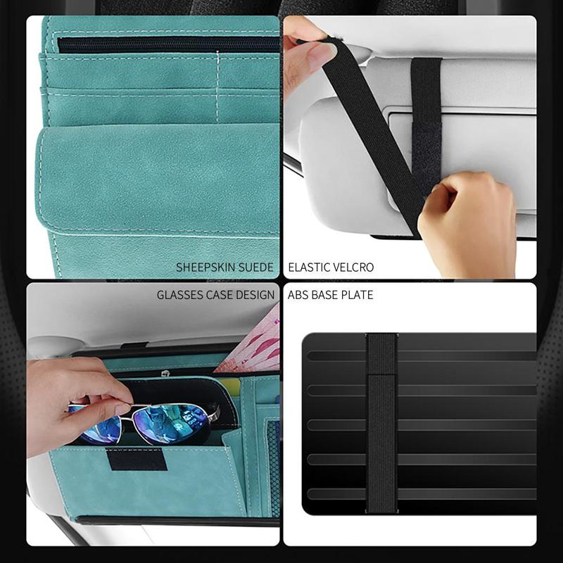 Black Faux Suede Car Sun Visor Organizer with Spring Strap - Multi-Functional Eyewear Case & Card Holder - Image 5