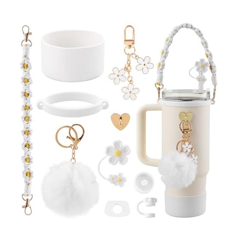 10-Piece White Accessory Bundle for Stanley Quencher 30/40oz - Includs Premium Silicone Straw Covers, Protective Boot & Charms Set - Image 1