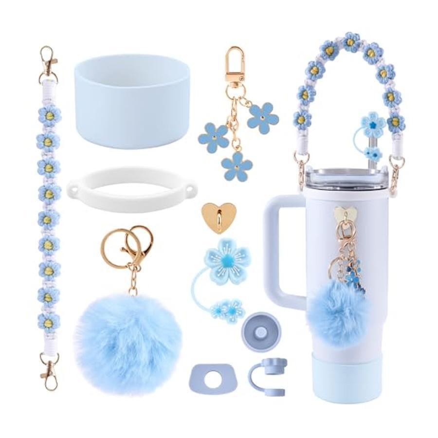 10-Piece Blue Accessory Bundle for Stanley Quencher 30/40oz - Includs Premium Silicone Straw Covers, Protective Boot & Charms Set - Image 1