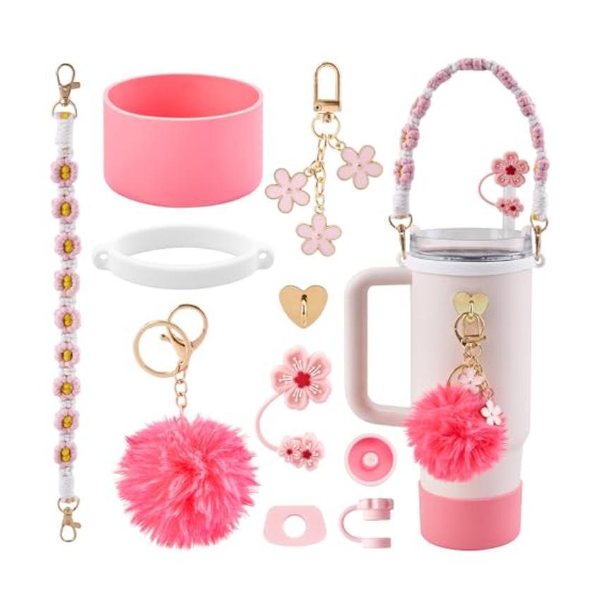 10-Piece Rose-Red Accessory Bundle for Stanley Quencher 30/40oz - Includs Premium Silicone Straw Covers, Protective Boot & Charms Set - Image 1