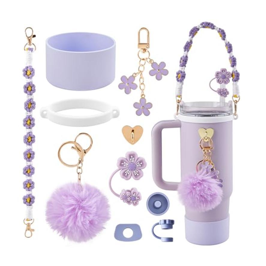 10-Piece Purple Accessory Bundle for Stanley Quencher 30/40oz - Includs Premium Silicone Straw Covers, Protective Boot & Charms Set - Image 1