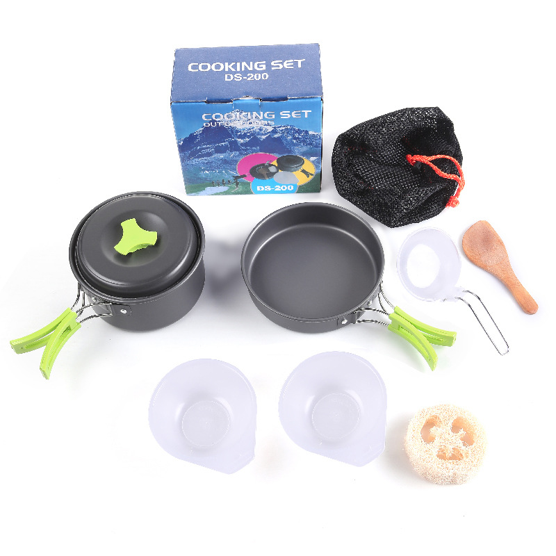 8-Piece Green Lightweight Outdoor Camping Cookware Set - 1/2 Person Portable High-Efficiency Thermal Cooking Nested Kit - Image 1