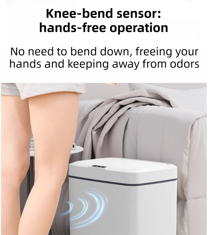 White Intelligent Dual-Sensor Trash Can (Hand-Wave & Knee-Bend) - Slim-Fit Touchless Battery-Powered Bin for Bathroom & Kitchen - Image 4