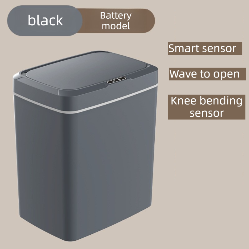Black Intelligent Dual-Sensor Trash Can (Hand-Wave & Knee-Bend) - Slim-Fit Touchless Battery-Powered Bin for Bathroom & Kitchen - Image 1