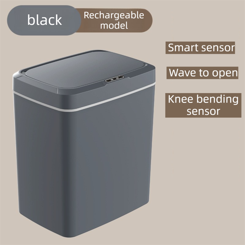Black Intelligent Dual-Sensor Trash Can (Hand-Wave & Knee-Bend) - Slim-Fit Touchless Rechargeable Bin for Bathroom & Kitchen - Image 1