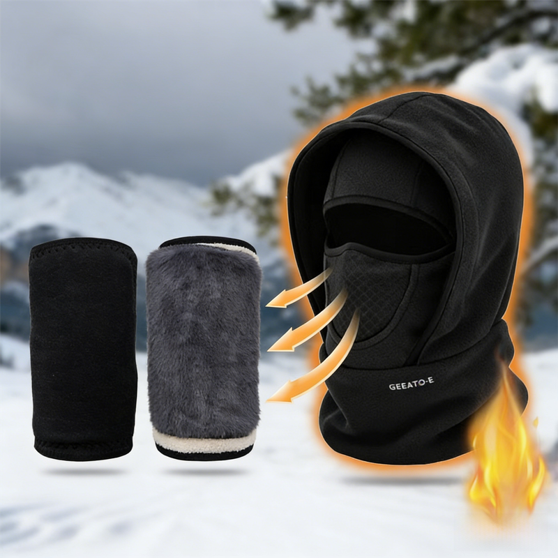 Windproof Thermal Rider Protection Set - 2 Pack Faux Rabbit Fur Knee Braces & Black Fleece Balaclava Hood Outdoor Sports Warmth Bundle - Image 1