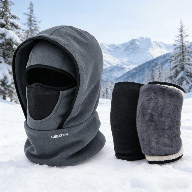 Windproof Thermal Rider Protection Set - 2 Pack Faux Rabbit Fur Knee Braces & Grey Fleece Balaclava Hood Outdoor Sports Warmth Bundle - Image 1