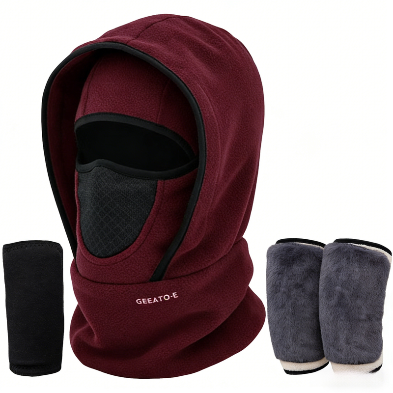 Windproof Thermal Rider Protection Set - 2 Pack Faux Rabbit Fur Knee Braces & Wine Red Fleece Balaclava Hood Outdoor Sports Warmth Bundle - Image 1