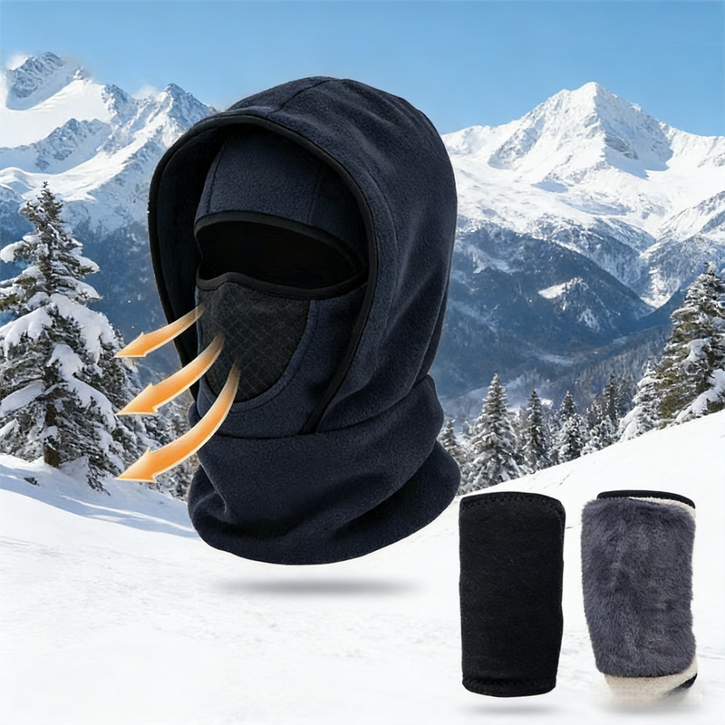 Windproof Thermal Rider Protection Set - 2 Pack Faux Rabbit Fur Knee Braces & Dark Blue Fleece Balaclava Hood Outdoor Sports Warmth Bundle - Image 1