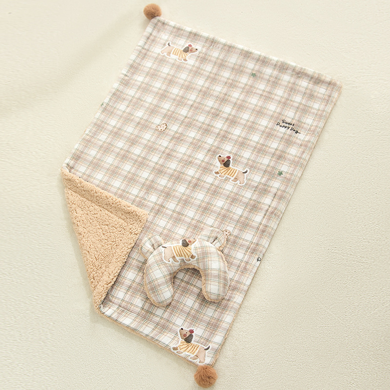Plaid Puppy Premium Soft Fleece Dog Bed Quilt & Pillow Set (M Size 60 x 40 CM) - All-Season Reversible Warm Cat Nap Pad - Image 1