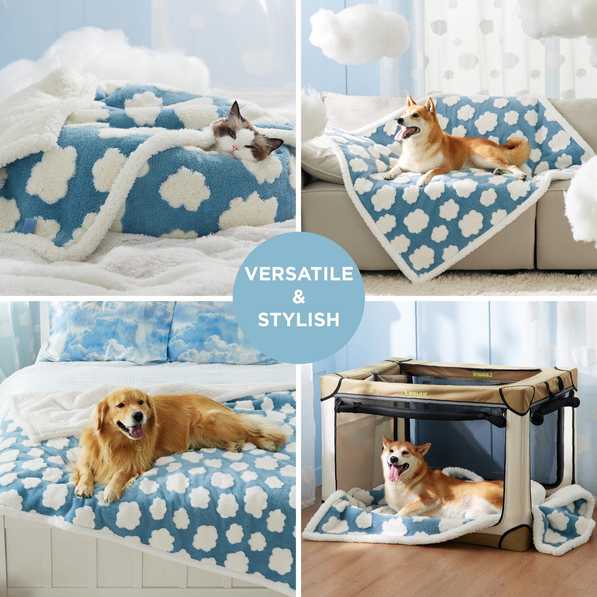 65 x 90 CM Waterproof Soft Sherpa Fleece Pet Blanket (Blue Sky & Clouds) - Reversible Thickened Furniture Protector for Dogs & Cats - Image 4