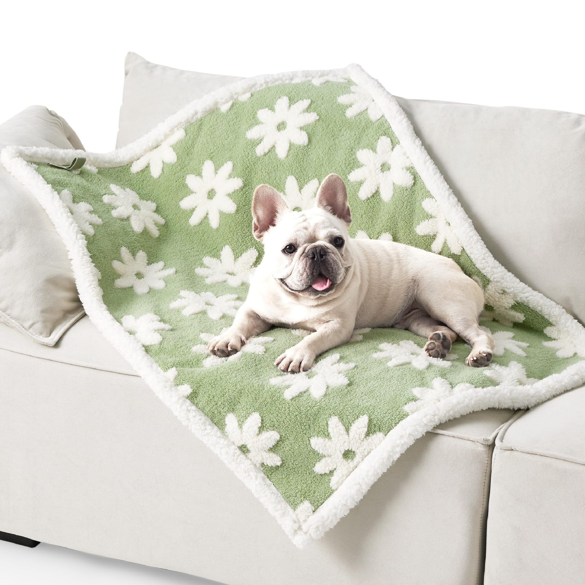 100 x 130 CM Waterproof Soft Sherpa Fleece Pet Blanket (Green Floral) - Reversible Thickened Furniture Protector for Dogs & Cats - Image 1