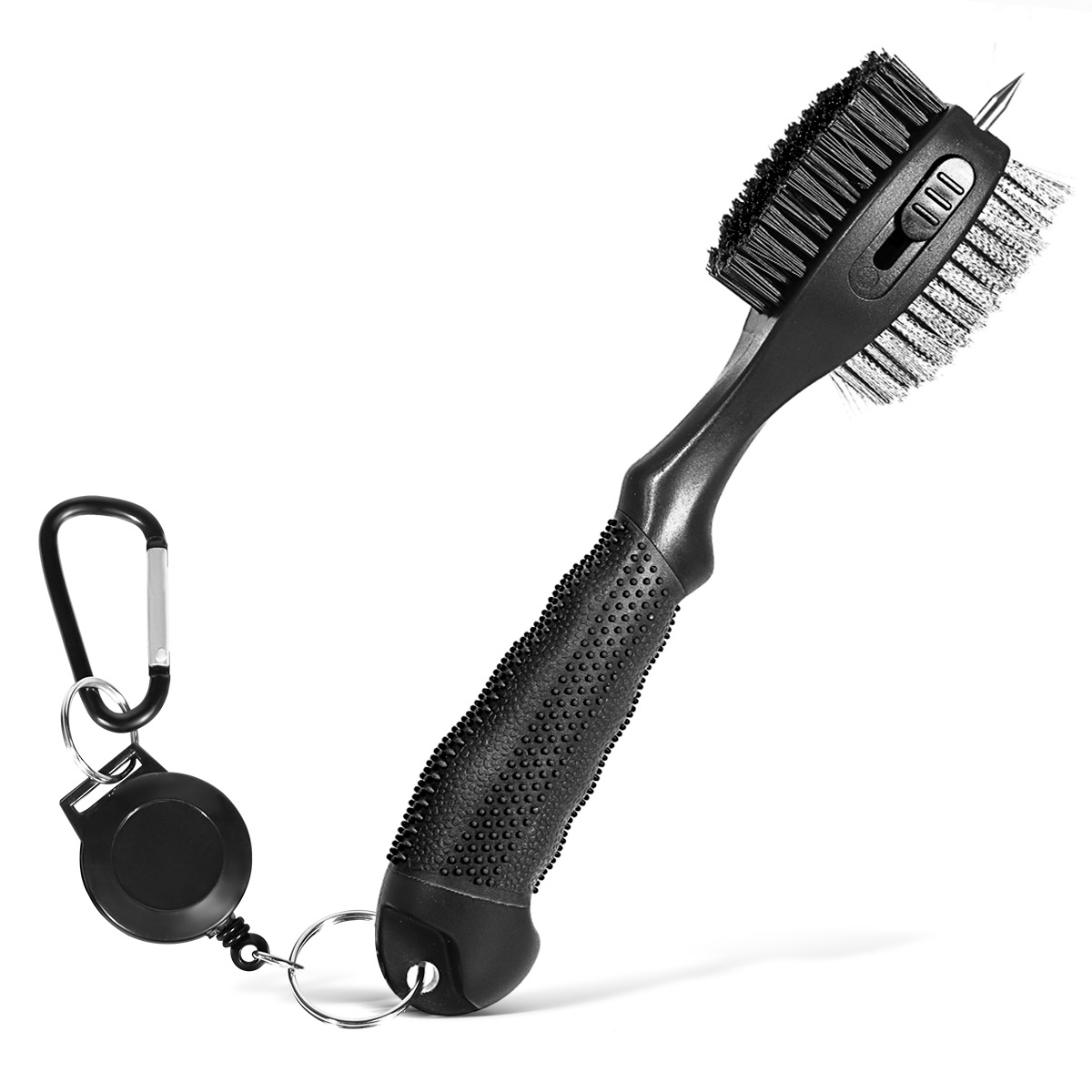 Black Premium Golf Club Cleaning Brush Extra Large Head Dual Bristles Retractable Zip Line & Groove Cleaner Spike Anti-Slip Ergonomic Grip 29cm - Image 1