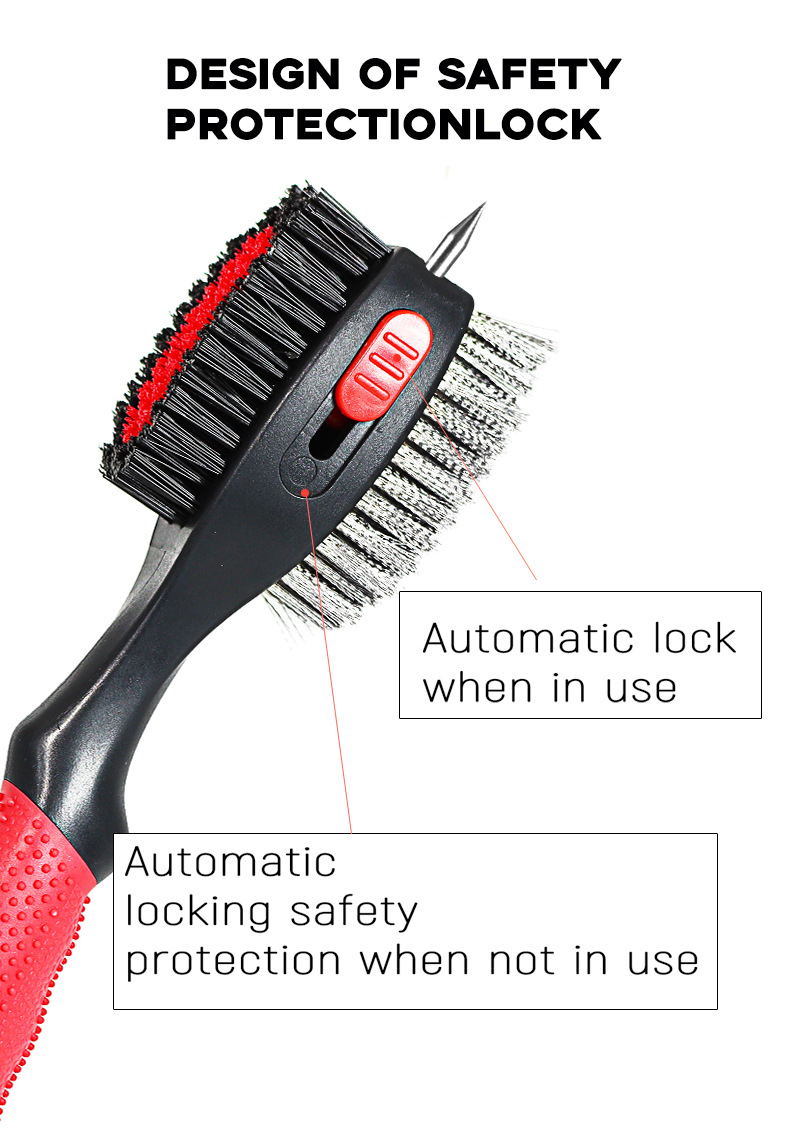 Black Premium Golf Club Cleaning Brush Extra Large Head Dual Bristles Retractable Zip Line & Groove Cleaner Spike Anti-Slip Ergonomic Grip 29cm - Image 4