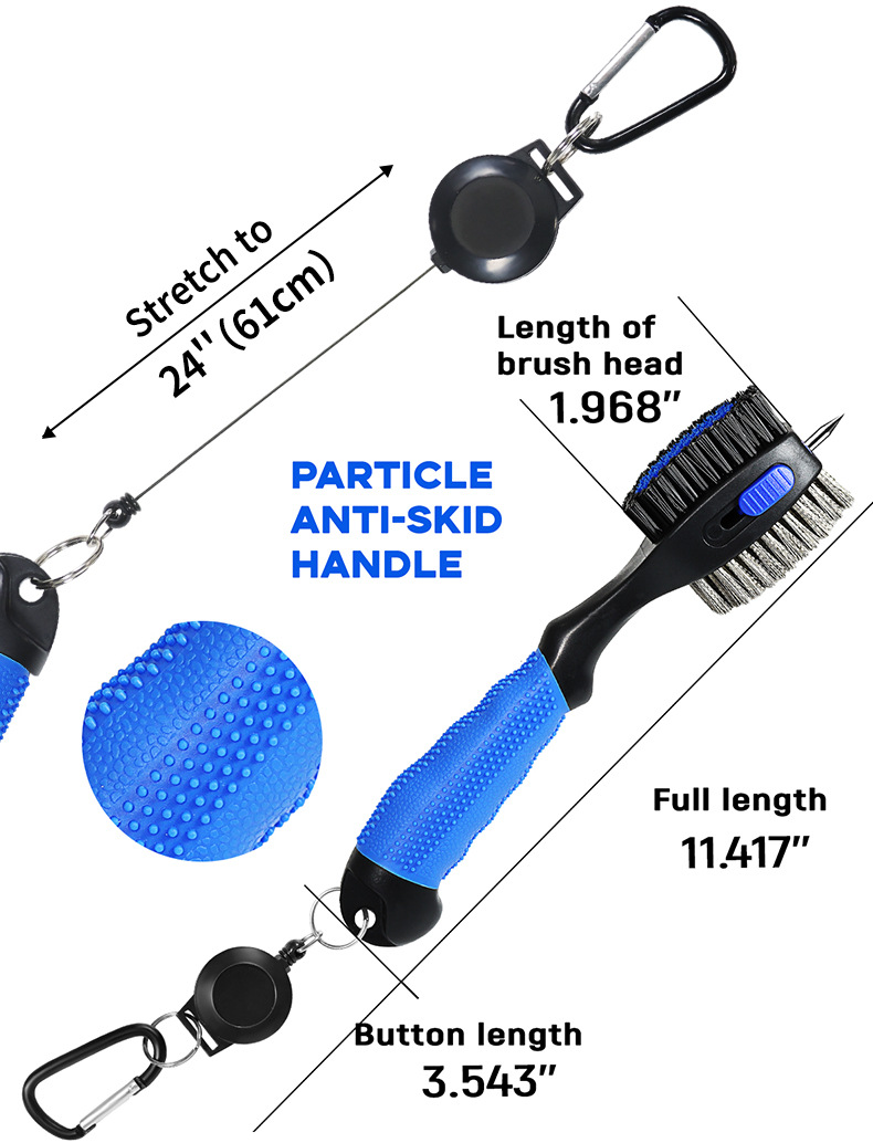 Black Premium Golf Club Cleaning Brush Extra Large Head Dual Bristles Retractable Zip Line & Groove Cleaner Spike Anti-Slip Ergonomic Grip 29cm - Image 5