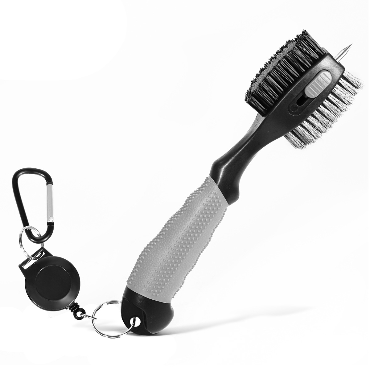 Grey Premium Golf Club Cleaning Brush Extra Large Head Dual Bristles Retractable Zip Line & Groove Cleaner Spike Anti-Slip Ergonomic Grip 29cm - Image 1