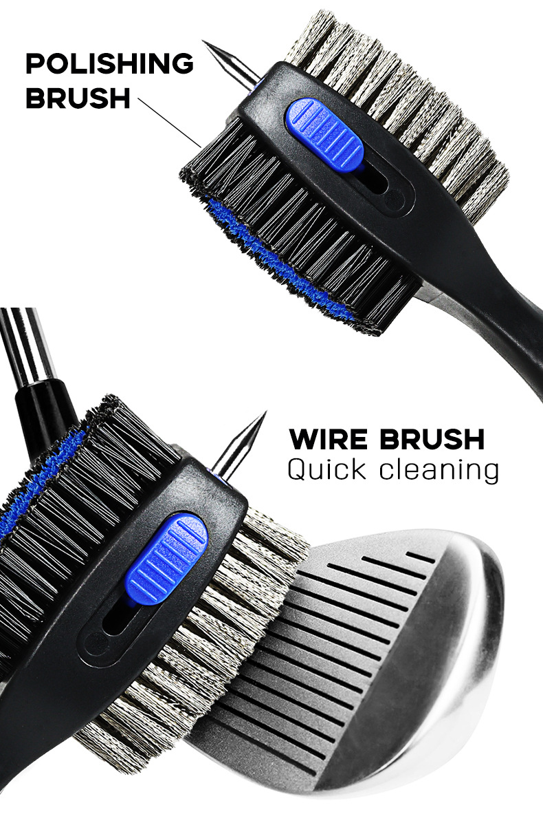 Grey Premium Golf Club Cleaning Brush Extra Large Head Dual Bristles Retractable Zip Line & Groove Cleaner Spike Anti-Slip Ergonomic Grip 29cm - Image 3