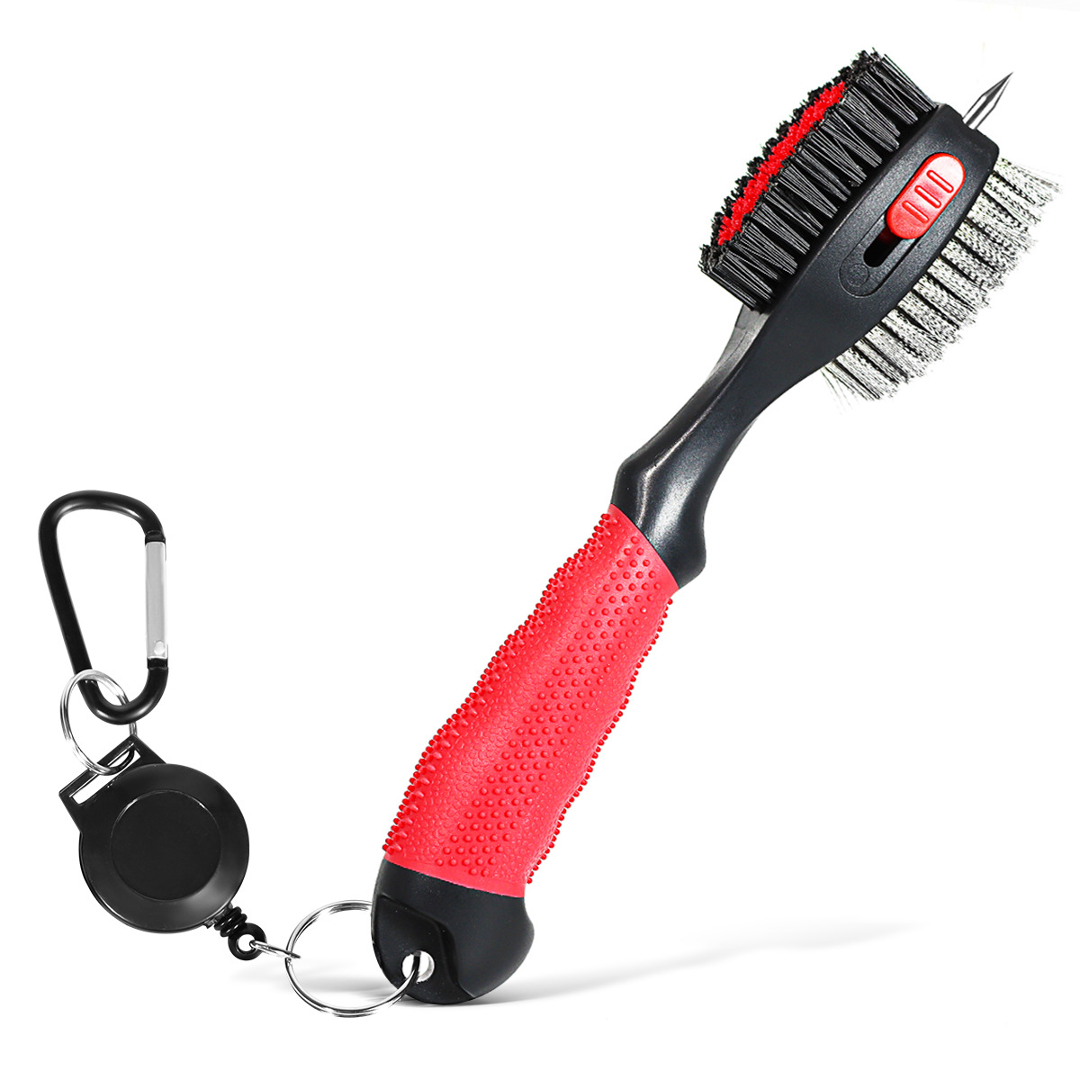 Red Premium Golf Club Cleaning Brush Extra Large Head Dual Bristles Retractable Zip Line & Groove Cleaner Spike Anti-Slip Ergonomic Grip 29cm - Image 1